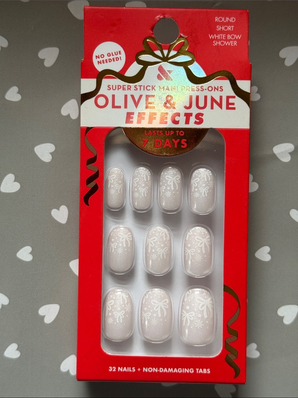 Olive and June Super Stick Mani Press On Nails in White Bow Shower